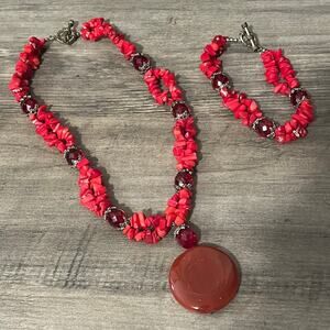 Red Statement Piece Necklace and Bracelet #344 Howlite? Red Coral?
